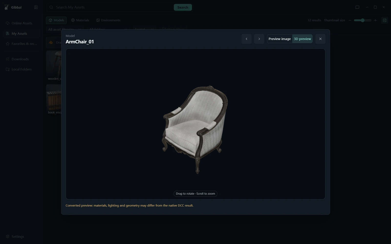 A public sample model previewed in the Gibbai client